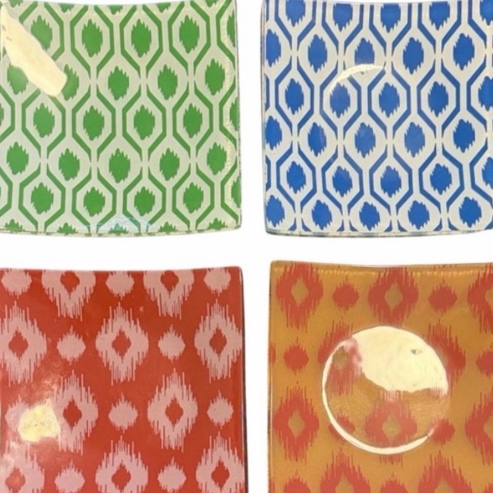 Boho Ikat Glass Plates Set of 8 Colorful Square Dessert Salad Plates